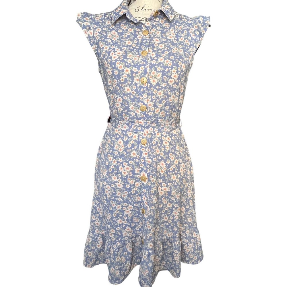 Blue Pink Floral Woman’s Ruffle Button Sundress Size S